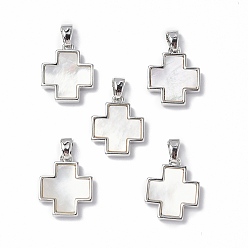 Platinum Brass Charms, with Freshwater Shell, Nickel Free, Cross Charm, Platinum, 15x13.5x2.5mm, Hole: 4x2.5mm