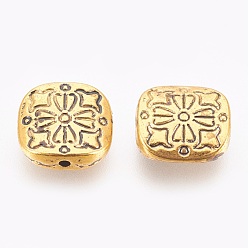Antique Golden Tibetan Style Alloy Beads, Lead Free & Cadmium Free, Square with Flower, Antique Golden, 10.5x10.5x3.5mm, Hole: 1.5mm