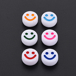 Mixed Color Opaque Acrylic Beads, with Enamel, Flat Round with Smile Face, Mixed Color, 10x5mm, Hole: 2mm, about 1450pcs/500g