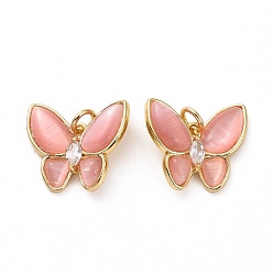 Pink Butterfly Brass Micro Pave Clear Cubic Zirconia Pendants, with Cat Eye, with Jump Rings, Cadmium Free & Lead Free, Real 18K Gold Plated, Pink, 15.5x17.5x4mm, Hole: 3.2mm