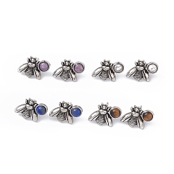Mixed Stone Gemstone Bee Stud Earrings, Antique Silver Alloy Earrings with Brass Pins for Women, 15.5x20.5mm, Pin: 0.8mm