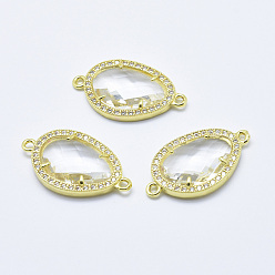 Clear Brass Micro Pave Cubic Zirconia Links, with Glass, Faceted, Teardrop, Golden, Clear, 28x16x4.5mm, Hole: 1.6mm