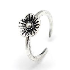 Antique Silver Adjustable Alloy Cuff Finger Rings, Flower4, Antique Silver, US Size 4 1/4(15mm)