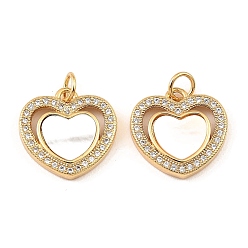 Real 18K Gold Plated Brass Cubic Zirconia with Shell Pendants, Long-Lasting Plated, Lead Free & Cadmium Free, Heart, Real 18K Gold Plated, 15x15.5x3mm