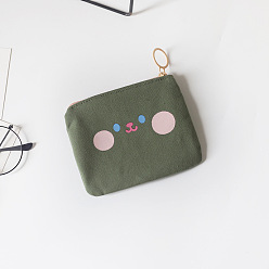 Dark Olive Green Cloth Wallets, Change Purse with Zipper, Rectangle with Smiling Face Pattern, Dark Olive Green, 11x10cm