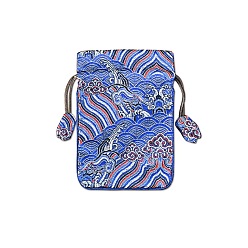 Королевский синий Тканевые сумки в китайском стиле с пейзажным принтом, мешочки на шнурке для хранения украшений, прямоугольные, королевский синий, 15x10 см