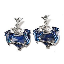 Lapis Lazuli Dyed Natural Lapis Lazuli Pendants, Faceted Heart Charms, with Rack Plating Platinum Plated Brass Enamel Dragon, 37mm, Pendant: 30.5x28.5x6.5mm, Hole: 3x3.5mm