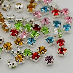 Mixed Color Sew on Rhinestone, Grade A Glass Rhinestone, with Brass Prong Settings, Garments Accessories, Silver Color Plated Metal Color, Mixed Color, 3.4~3.5x3.4~3.5mm, Hole: 1mm,about1440pcs/bag