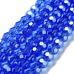 Blue Electroplate Glass Bead Strands, Pearl Luster Plated, Faceted(32 Facets), Round, Blue, 8x7mm
