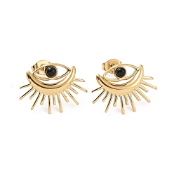 Golden 304 Stainless Steel Evil Eye Stud Earrings, with Black Stone, for Women, Golden, 14.5x20mm, Pin: 0.7mm