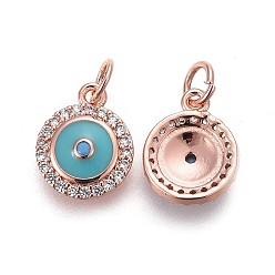 Real Rose Gold Plated Brass Charms, with Enamel and Micro Pave Cubic Zirconia, Long-Lasting Plated, Flat Round, Turquoise, Real Rose Gold Plated, 12.5x10x2.5mm, Hole: 3mm