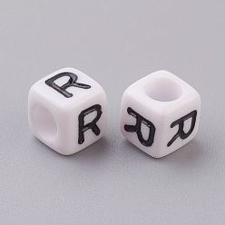 Letter R Acrylic Horizontal Hole Letter Beads, Cube, White, Letter R, Size: about 6mm wide, 6mm long, 6mm high, hole: about 3.2mm, about 2600pcs/500g