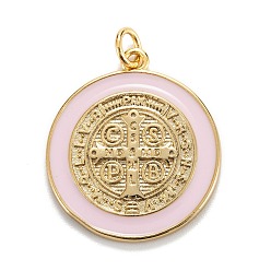 Pink Colgantes de esmalte de bronce, real 18 k chapado en oro, larga duración plateado, encantos de la medalla de san benito, rosa, 23x20.5x2 mm, agujero: 3 mm, anillo de salto: 5x0.8 mm