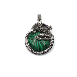Malachite Synthetic Malachite Pendants, Flat Round Charms with Skeleton, with Antique Silver Plated Metal Findings, 40x35mm