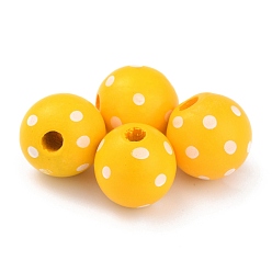 Gold Dyed Natural Wooden Beads, Macrame Beads Large Hole, Round with Polka Dot, Gold, 16x15mm, Hole: 4mm