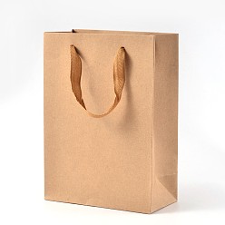 Цвет Древесины Прямоугольные крафт-бумажные мешки, подарочные пакеты, сумки для покупок, коричневый бумажный пакет, с ручками из нейлонового шнура, деревесиные, 28x20x10 см