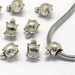 Argent Antique Perles en alliage de style tibétain, Perles avec un grand trou   , tortue, argent antique, 14x9x8mm, Trou: 5.5mm