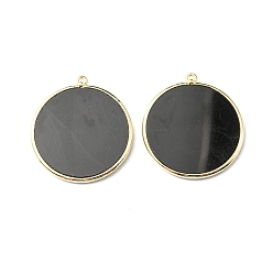 Agate Noire Pendentifs en agate noire naturelles, avec les accessoires en laiton, plat rond, or, 32~34x28.5~31x2mm, Trou: 1.6mm