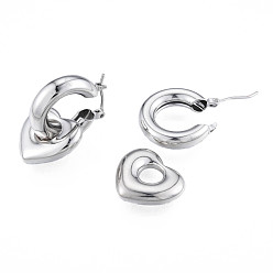 Platinum Brass Heart Dangle Hoop Earrings for Women, Nickel Free, Platinum, 30mm, Pin: 0.8mm