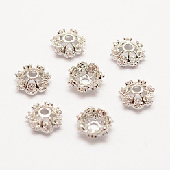 Real Platinum Plated Long-Lasting Plated Brass Micro Pave Grade AAA Cubic Zirconia Fancy Bead Caps, Flower, Multi-Petal, Cadmium Free & Nickel Free & Lead Free, Real Platinum Plated, 8x3mm, Hole: 2mm