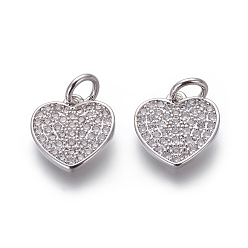 Platinum Brass Micro Pave Cubic Zirconia Charms, Lead Free & Cadmium Free, Clear, Heart, Platinum, 10.5x10.5x1.5mm, Hole: 3mm