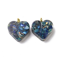 Blue Transparent Resin Natural Imperial Jasper Dyed Chips Pendants, with Golden Tone Brass Loops, Heart Charm, Blue, 16.5x15.5x6~6.5mm, Hole: 2mm