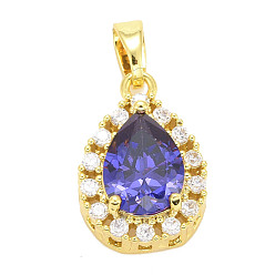Mauve Brass Micro Pave Cubic Zirconia Pendants, Long-Lasting Plated, Real 18K Gold Plated, Teardrop, Mauve, 16x11x6mm, Hole: 5x3mm