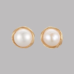 Golden Stud Earrings, with Natural Cultured Freshwater Pearl, Brass Ear Nuts and 304 Stainless Steel Stud Earring Findings, Golden, 11.5~12.5x10~10.5mm, Pin: 0.8mm