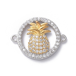 Platinum & Golden Brass Micro Pave Cubic Zirconia Links connectors, Ring and Pineapple, Clear, Platinum & Golden, 15x19x3mm, Hole: 1.2mm