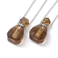 Synthetic Gemstone Openable Faceted Synthetic Smoky Quartz Perfume Bottle Pendant Necklaces for Women, 304 Stainless Steel Cable Chain Necklaces, Stainless Steel Color, 18.50 inch(47cm)