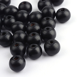 Черный Природных шарики древесины, окрашенные, круглые, чёрные, 12x11 мм, Отверстие : 4 мм , около 1800 шт / 1000 г