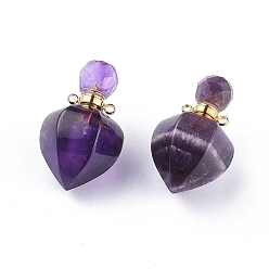 Amethyst Faceted Natural Amethyst Openable Perfume Bottle Pendants, with 304 Stainless Steel Findings, Peach Shape, Golden, 35~36x18~18.5x21~21.5mm, Hole: 1.8mm, Bottle Capacity: 1ml(0.034 fl. oz)