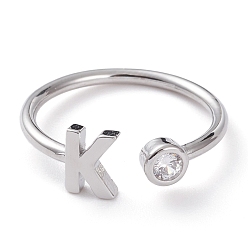 Letter K Brass Micro Pave Clear Cubic Zirconia Cuff Rings, Open Rings, Long-Lasting Plated, Real Platinum Plated, Letter.K, US Size 6, Inner Diameter: 17mm