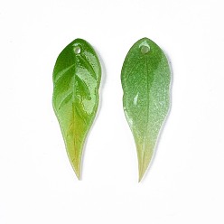 Green Plastic Pendants, Leaf, Green, 26.5x8.5x2mm, Hole: 1mm