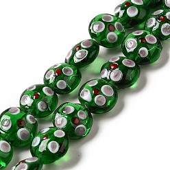 Verde Hilos de abalorios de murano hechos a mano, plano y redondo, verde, 12~14x12.5~13.5x7~8.5 mm, agujero: 1.5 mm, sobre 33 unidades / cadena, 16.46 pulgada (41.8 cm)