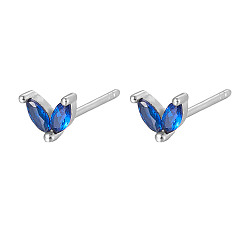 Blue Silver 925 Sterling Silver Micro Pave Cubic Zirconia Stud Earrings, Leaf, Blue, 5.5mm