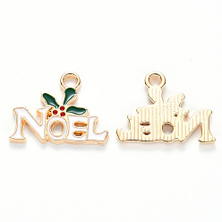 White Alloy Enamel Pendants, for Christmas, Word Noel with Holly Leaves, Light Gold, White, 15x19x1.5mm, Hole: 2mm