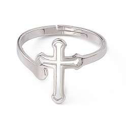 Stainless Steel Color 201 Stainless Steel Hollow Out Cross Adjustable Ring for Women, Stainless Steel Color, US Size 6 1/4(16.7mm)