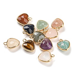 Смешанные камни Подвески-сердечки из натуральных и синтетических драгоценных камней с ограненными камнями, с золотым оттенком латуни, 13.5x11x5 мм, отверстие : 1.6 мм