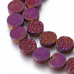 Purple Plated Electroplated Non-magnetic Synthetic Hematite Beads Strands, Frosted, Flat Round, Purple Plated, 10x4mm, Hole: 1mm, about 40pcs/strand, 15.94 inch(40.5cm)