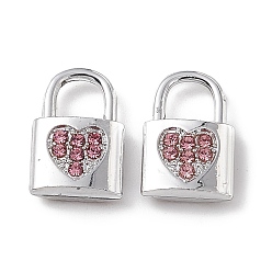 Platino Colgantes de diamantes de imitación rosa claro de aleación, candado con amuleto de corazón, Platino, 15x9.5x3.5 mm, agujero: 5x5 mm