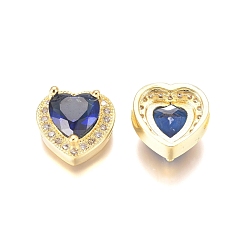 Golden Brass Micro Pave Cubic Zirconia Beads, Heart, Blue & Clear, Golden, 12x12.5x6.5mm, Hole: 1x2mm