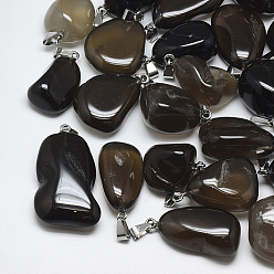 Smoky Quartz Natural Smoky Quartz Pendants, with Stainless Steel Snap On Bails, Nuggets, Stainless Steel Color, 30~55x18~30x10~20mm, Hole: 3~4x7~8.5mm