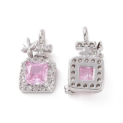 Platinum Brass Micro Pave Clear Cubic Zirconia Charms, with Pearl Pink Glass, Perfume Bottle with Butterfly, Platinum, 11x6.7x4mm, Hole: 1.4mm