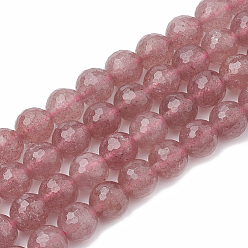 Quartz Fraise Naturel de fraise de quartz brins de perles, à facettes (128 facettes), ronde, 8~9mm, Trou: 1mm, Environ 45~50 pcs/chapelet, 15.7 pouce