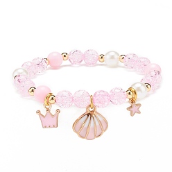 Pink Acrylic Imitation Pearl Stretch Bracelet, Alloy Enamel Shell Crown Star Charms Bracelet for Women, Pink, Inner Diameter: 2-1/4 inch(5.8cm)