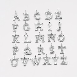 Letter A~Z Brass Micro Pave Cubic Zirconia Pendants, with Letter Initial Letter A~Z, 9~10x4~10x1.5~2mm, Hole: 1.5mm