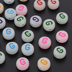Letter G Acrylic Beads, Glow in the Dark, with Enamel and Luminous, Horizontal Hole, Flat Round with Alphabet, Letter.G, 6.5x7x4mm, Hole: 1.6mm, about 3600pcs/500g