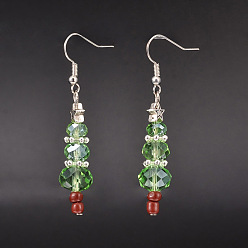 Verde Claro Perlas de vidrio de navidad cuelgan pendientes, con fornituras de estrellas de estilo tibetano, granos de la semilla de cristal y los ganchos del pendiente de bronce, verde claro, 53 mm, pin: 0.6 mm
