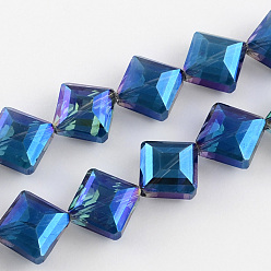 Dark Blue Transparent Electroplate Faceted Glass Beads Strands, Square, Dark Blue, 17x17x7.5mm, Hole: 2mm, about 40pcs/strand, 25.1 inch